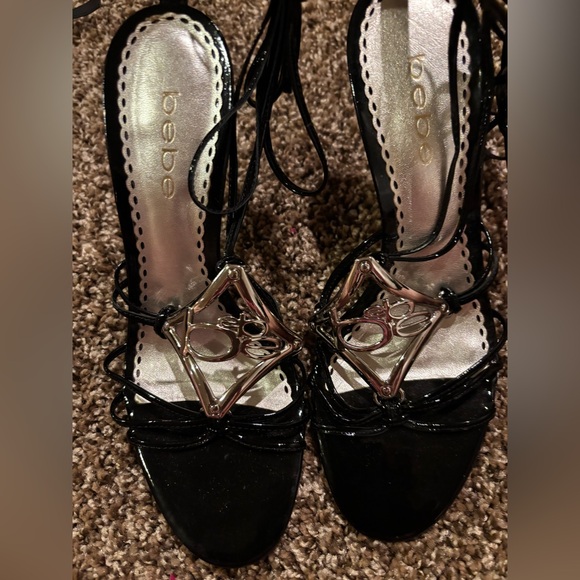 Bebe Black Strappy Heels with Silver Accents-NEW with sexy tie around ankle - Picture 1 of 6